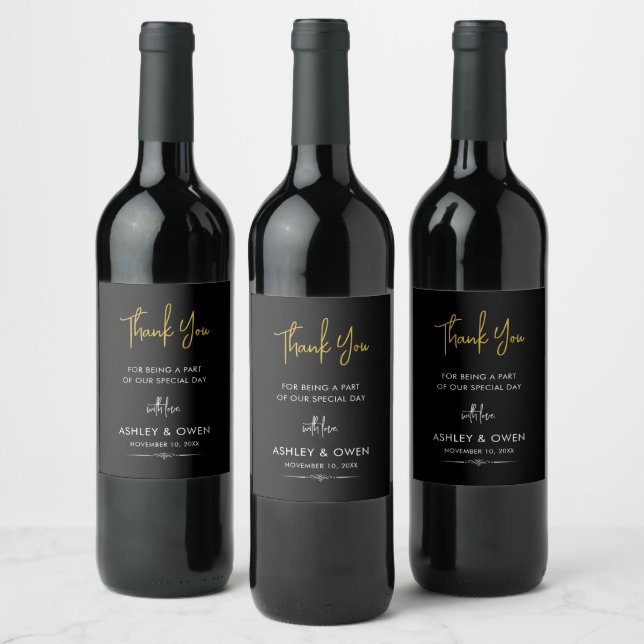 Thank You Wedding Minimalist Gold Script Black Wine Label (Bottles)