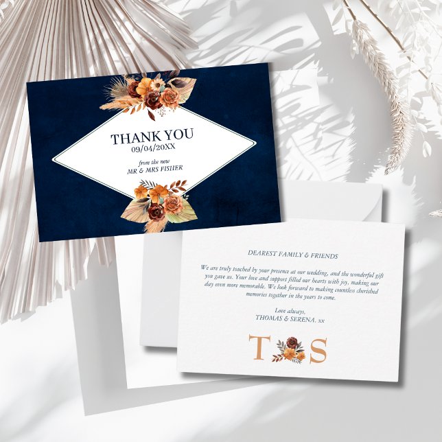 Thank You Wedding Pampas Grass Navy Blue Autumn Card (Creator Uploaded)