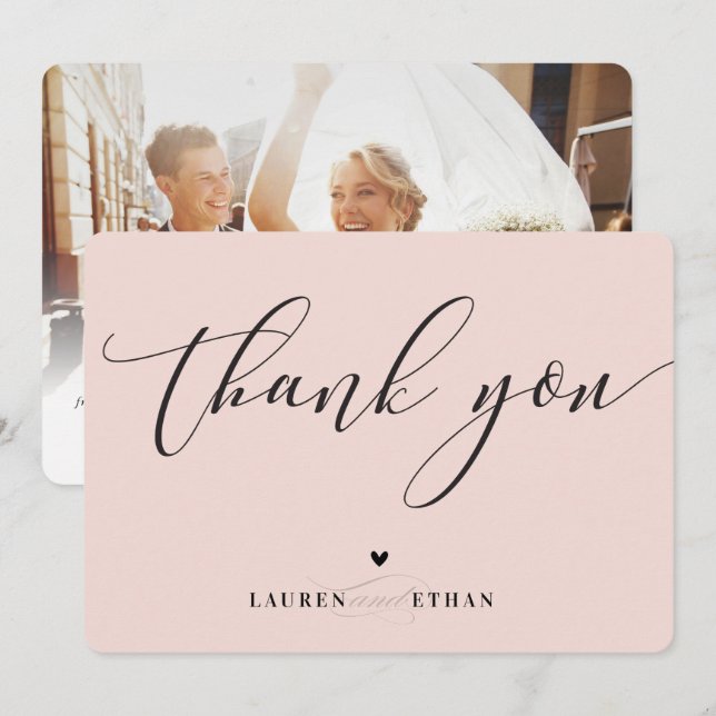 THANK YOU wedding photo elegant blush pink black Invitation (Front/Back)