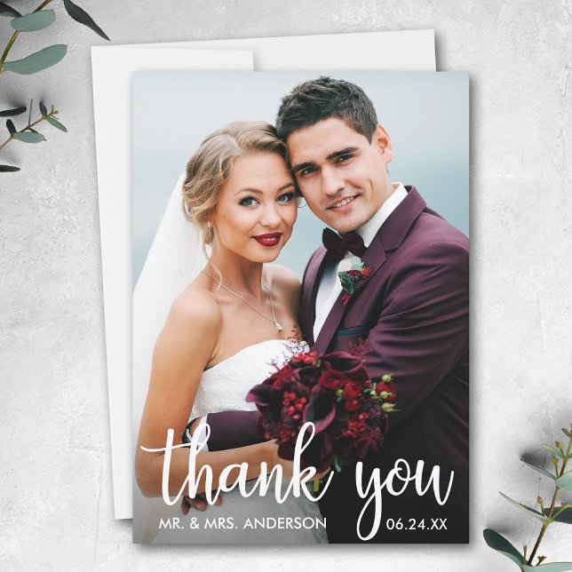 Thank You Wedding Photo Modern Script Card (Customize to add text or more photos to back of card.)
