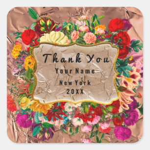 Thank You Wedding Roses Floral Grunge Copper Square Sticker