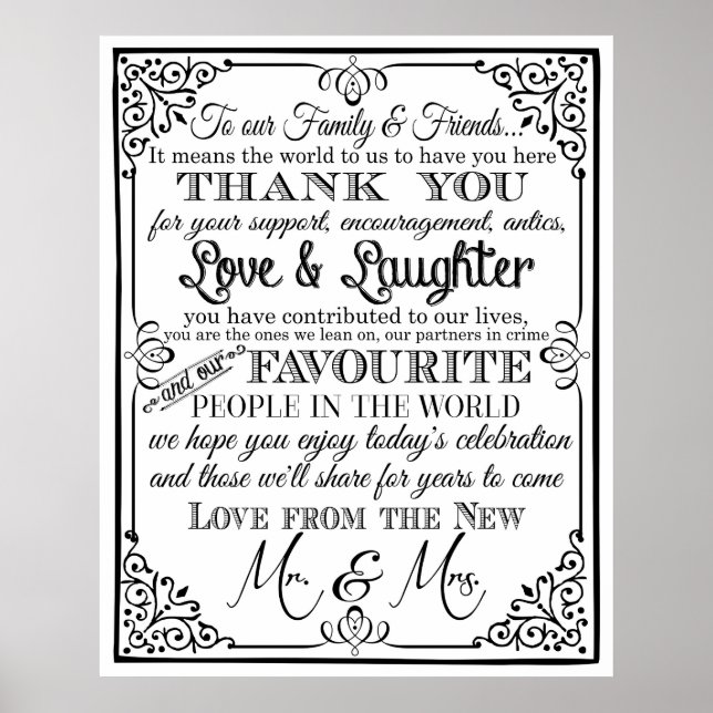 Thank you wedding sign Black & White chalkboard uk (Front)