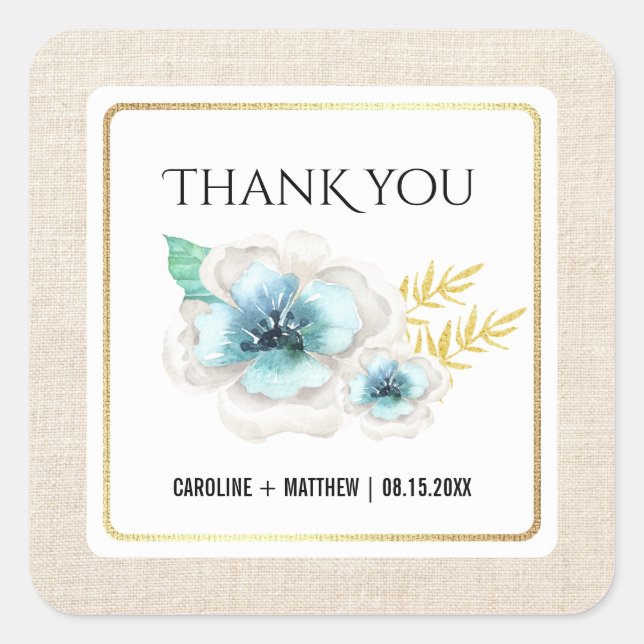 Thank You Wedding Watercolor Floral Burlap Square Sticker (Front)
