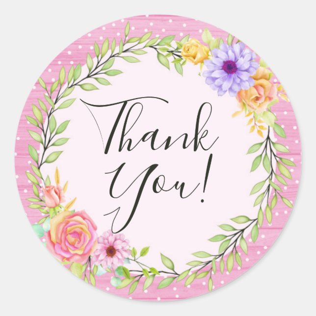 Thank You Whimsical Floral Roses Rustic Pink Wood Classic Round Sticker (Front)