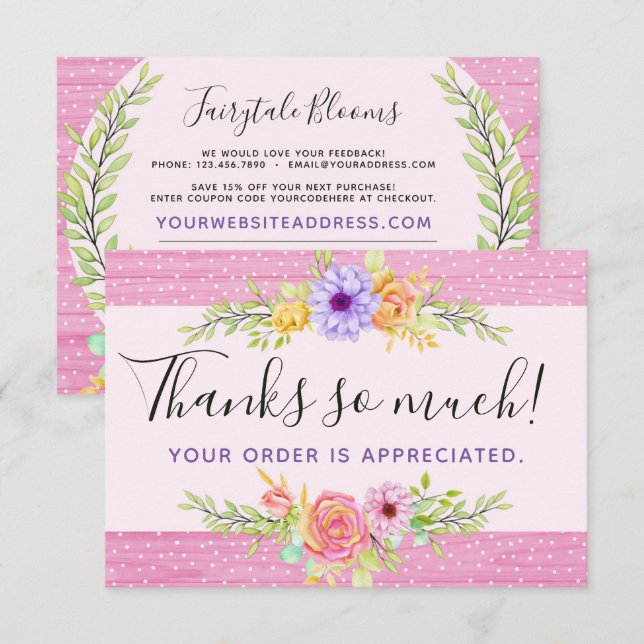 Thank You Whimsical Floral Roses Rustic Wood Card (Front/Back)