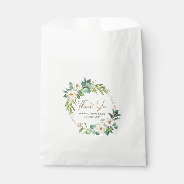 Thank you white and gold floral Wedding Favor Bags (Front)