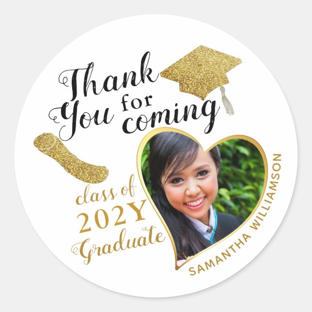 Thank You White Black Gold 2024 Graduation Favour Classic Round Sticker (Front)