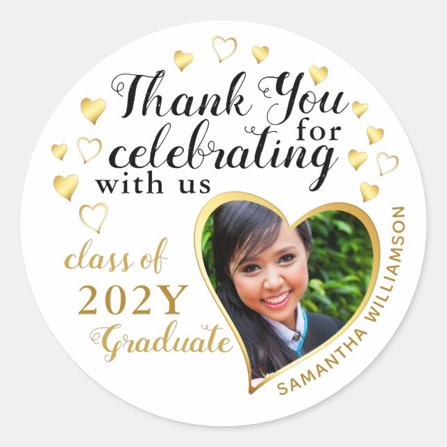 Thank You White Gold Graduation Party Favour Classic Round Sticker (Front)