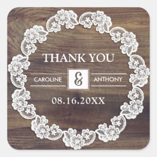 Thank You. White Lace Barn Wood Wedding Square Sticker