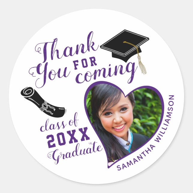 Thank You White Purple Class of 2025 Graduation Classic Round Sticker (Front)