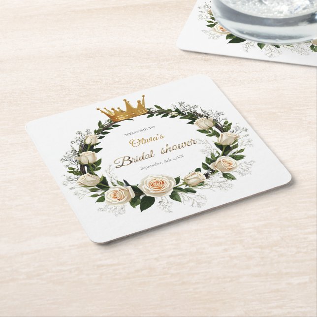 Thank You White Roses & Baby’s Breath  Square Paper Coaster (Angled)