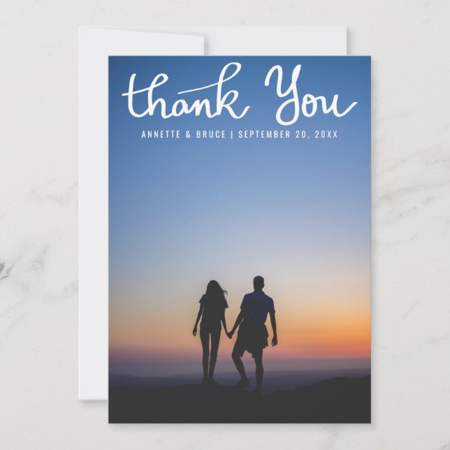 Thank You White Typography Script Wedding Photo Card (Front)