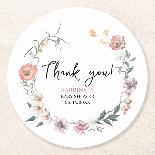 Thank you Wildflower spring baby shower  Round Paper Coaster (Front)
