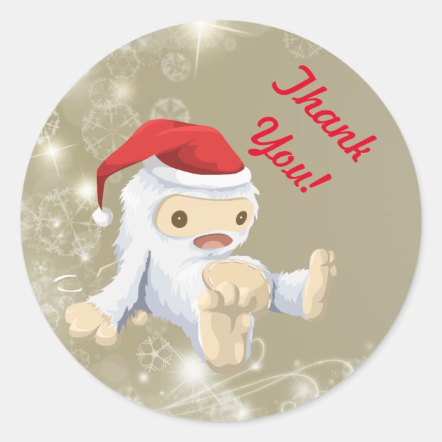 Thank You with a Christmas Snow Monster Toy Doll Classic Round Sticker (Front)