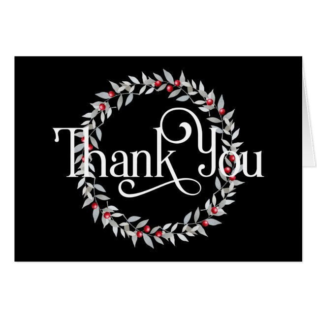 Thank You with Grey Wreath with Red Berries (Front Horizontal)