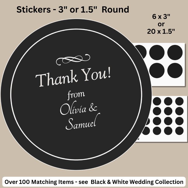 Thank You! with Names, Black White Infinity Scroll Classic Round Sticker (Creator Uploaded)