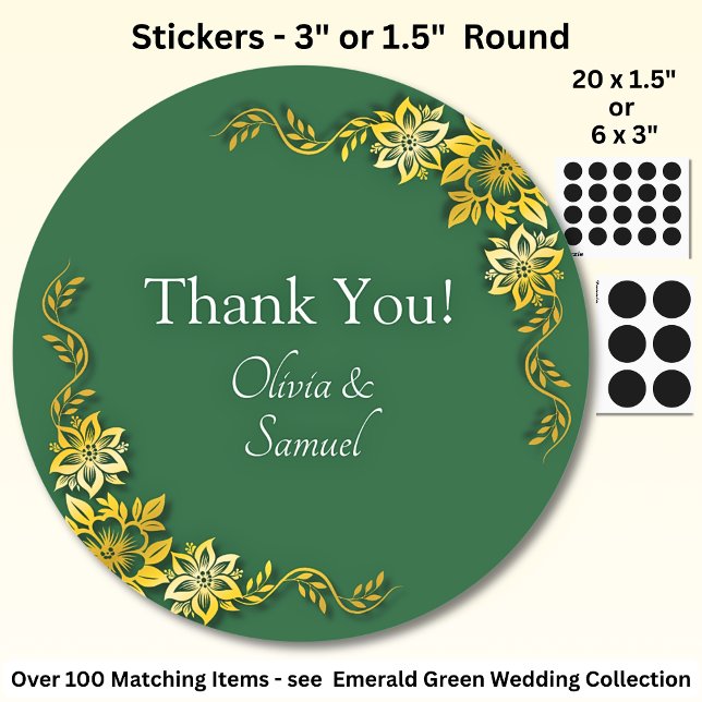 Thank You! with Names, Emerald Green & Gold Classic Round Sticker (Creator Uploaded)