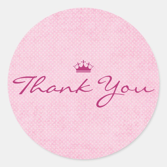 Thank You with Purple Tiara on Pink Polka Dots Classic Round Sticker (Front)