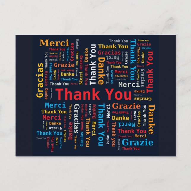 Thank You Word Cloud 5 Languages Black Background Postcard (Front)