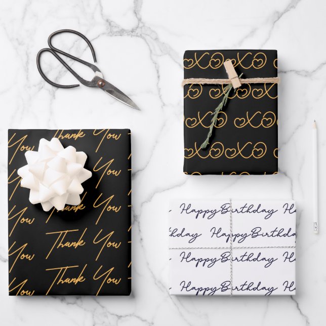Thank You |  Xoxo | Birthday Text Pattern Wrapping Paper Sheet (Front)