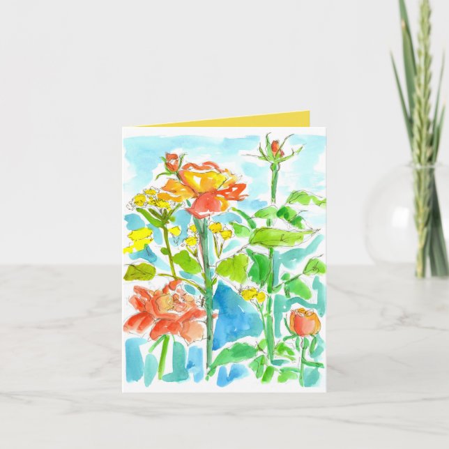 Thank You Yellow Orange Watercolor Roses  Card (Front)