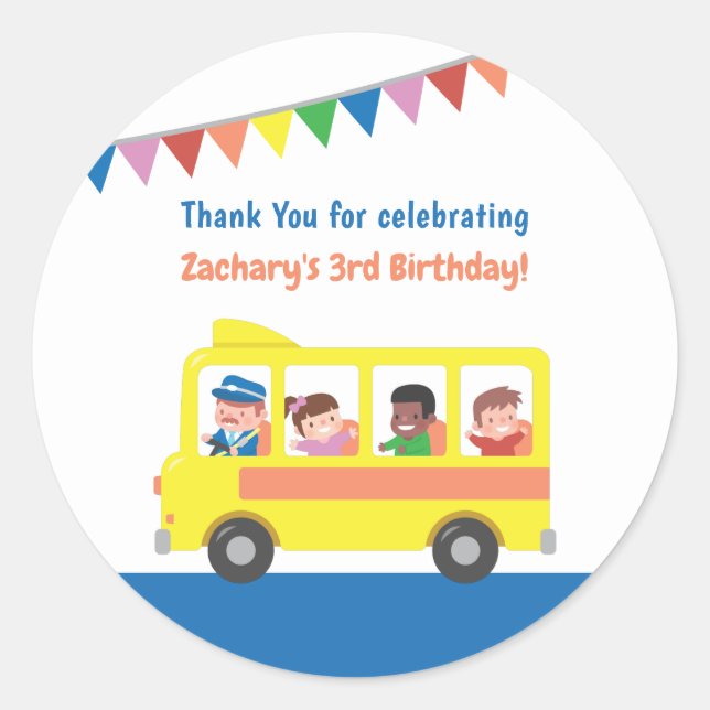 Thank You Yellow School Bus Birthday Party Classic Round Sticker (Front)