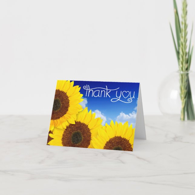 Thank You Yellow Sunflower Floral Blue Notecard (Front)