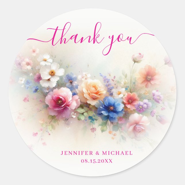 Thank You Your Custom Text Aquarell Flowers Trendy Classic Round Sticker (Front)