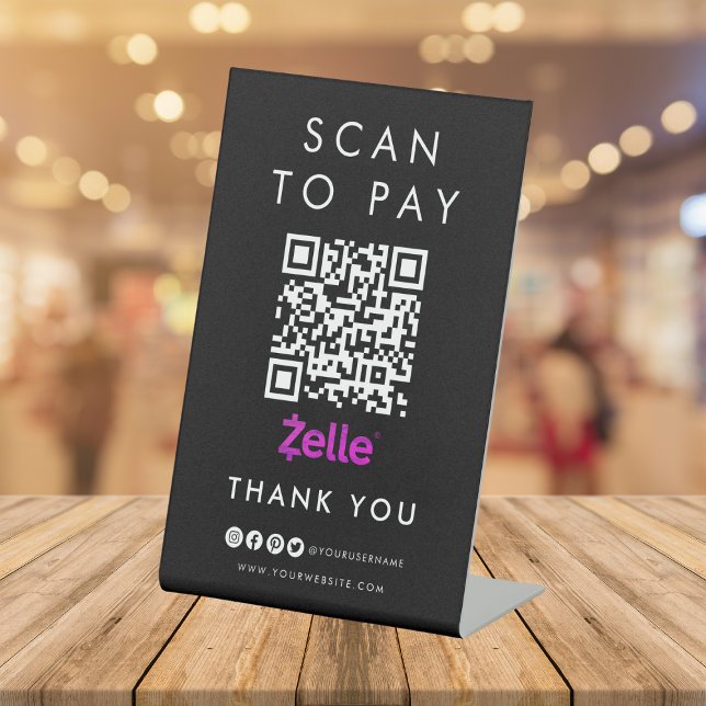 Thank you Zelle Scan to Pay QR Code Modern Black Pedestal Sign (Creator Uploaded)