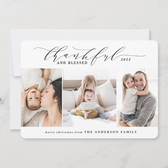 thankful and blessed 3 photo elegant family holiday card (Front)