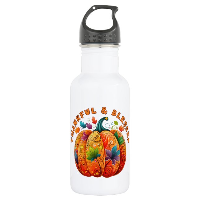 Thankful and Blessed Autumn Pumpkin 532 Ml Water Bottle (Front)