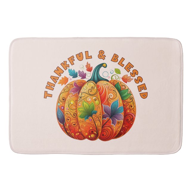Thankful and Blessed Autumn Pumpkin Bath Mat (Front)