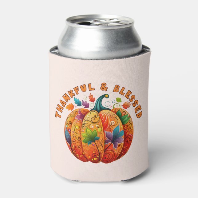 Thankful and Blessed Autumn Pumpkin Can Cooler (Can Front)