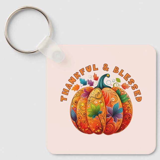 Thankful and Blessed Autumn Pumpkin Key Ring (Front)