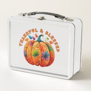 Thankful and Blessed Autumn Pumpkin Metal Lunch Box