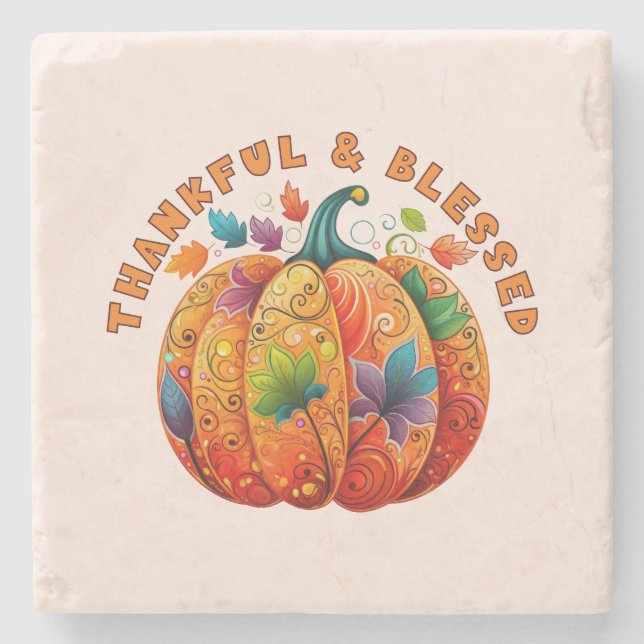 Thankful and Blessed Autumn Pumpkin Stone Coaster (Front)