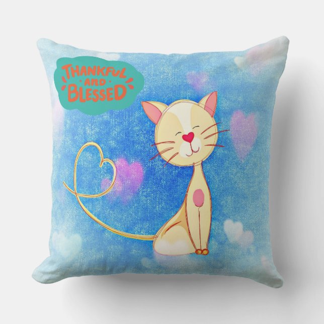 "Thankful and Blessed" Cute Cat Pillow – A Heartwa (Front)