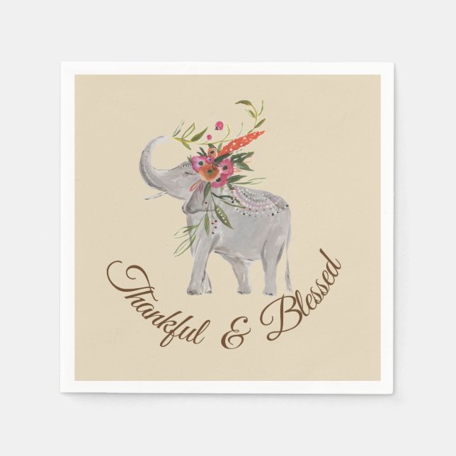 Thankful and Blessed Elephant Thanksgiving Napkin (Front)