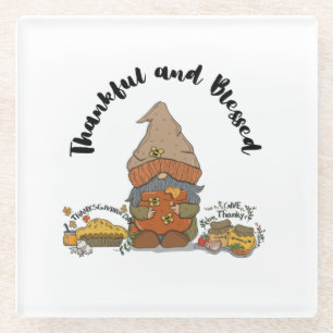 Thankful and Blessed Gnome Glass Coaster