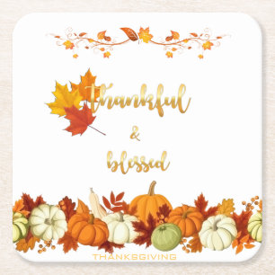 Thankful and Blessed Golden Script Thanksgiving Square Paper Coaster
