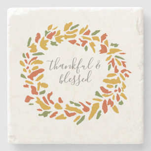 Thankful and Blessed Wreath Autumn Painting Stone Coaster