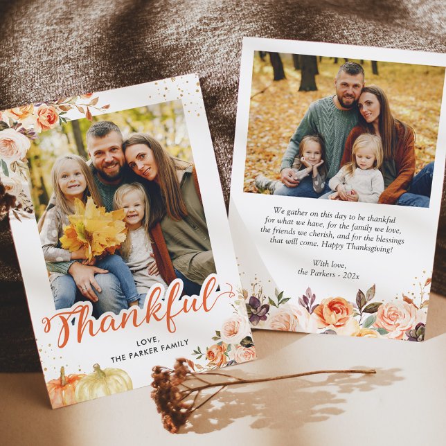 Thankful Autumn Gold Floral 2 Photos Thanksgiving Holiday Card (Creator Uploaded)
