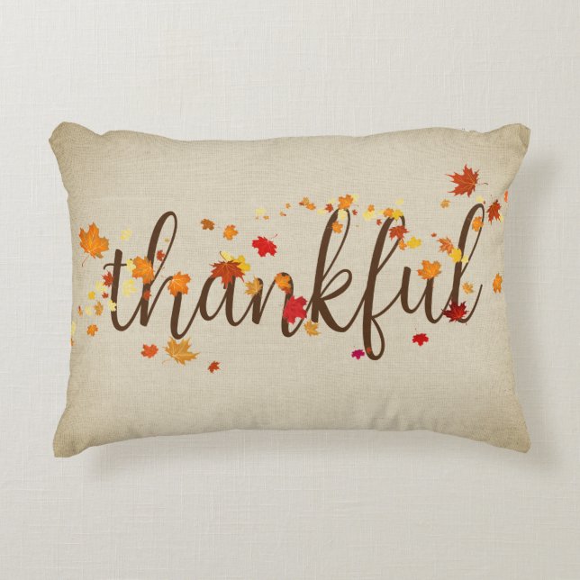Thankful Autumn Leaves on Burlap  Decorative Cushion (Front)