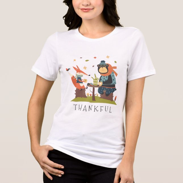 Thankful Bear Fox Autumn Cartoon | Thanksgiving Tri-Blend Shirt (Front)