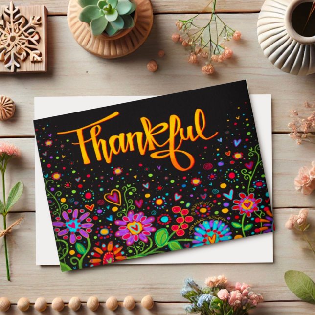 Thankful Black Floral Cheerful Cute Inspirivity Card (Creator Uploaded)