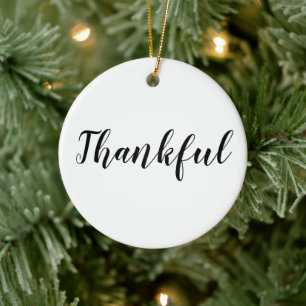 Thankful black white custom script cute Christmas Ceramic Tree Decoration