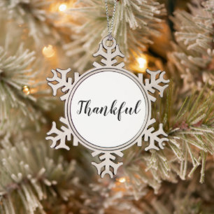 Thankful black white custom script cute snowflake pewter christmas ornament