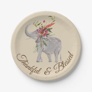 Thankful & Blessed Elephant Thanksgiving Paper Plate