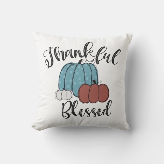 Thankful Blessed Fall Blue Pumpkin Cushion (Front)