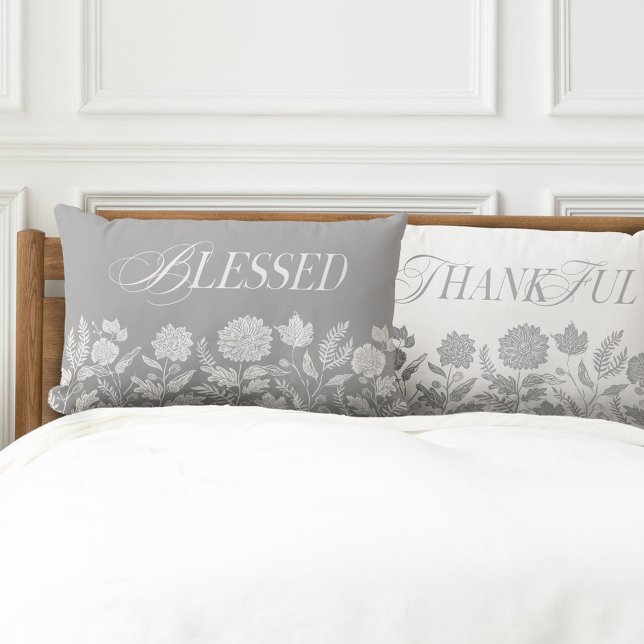 Thankful & Blessed Fall Foliage & Flowers Grey Lumbar Cushion (Thankful & Blessed Fall Foliage & Flowers Grey Lumbar Pillow)